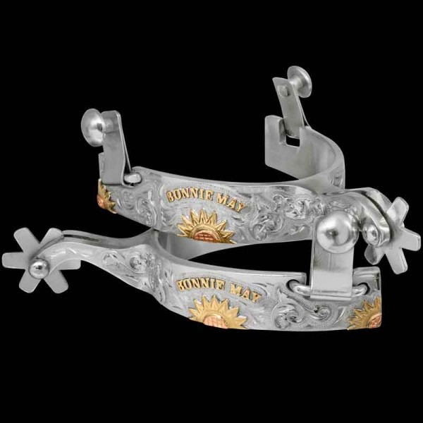 This one's for the gals! Personalize the Bonnie May Spurs with your name, initials, bible verse and more. They are crafted on high-quality German Silver and engraved on the entire outside band and both sides of the shank. Detailed with beautiful Jewelers 